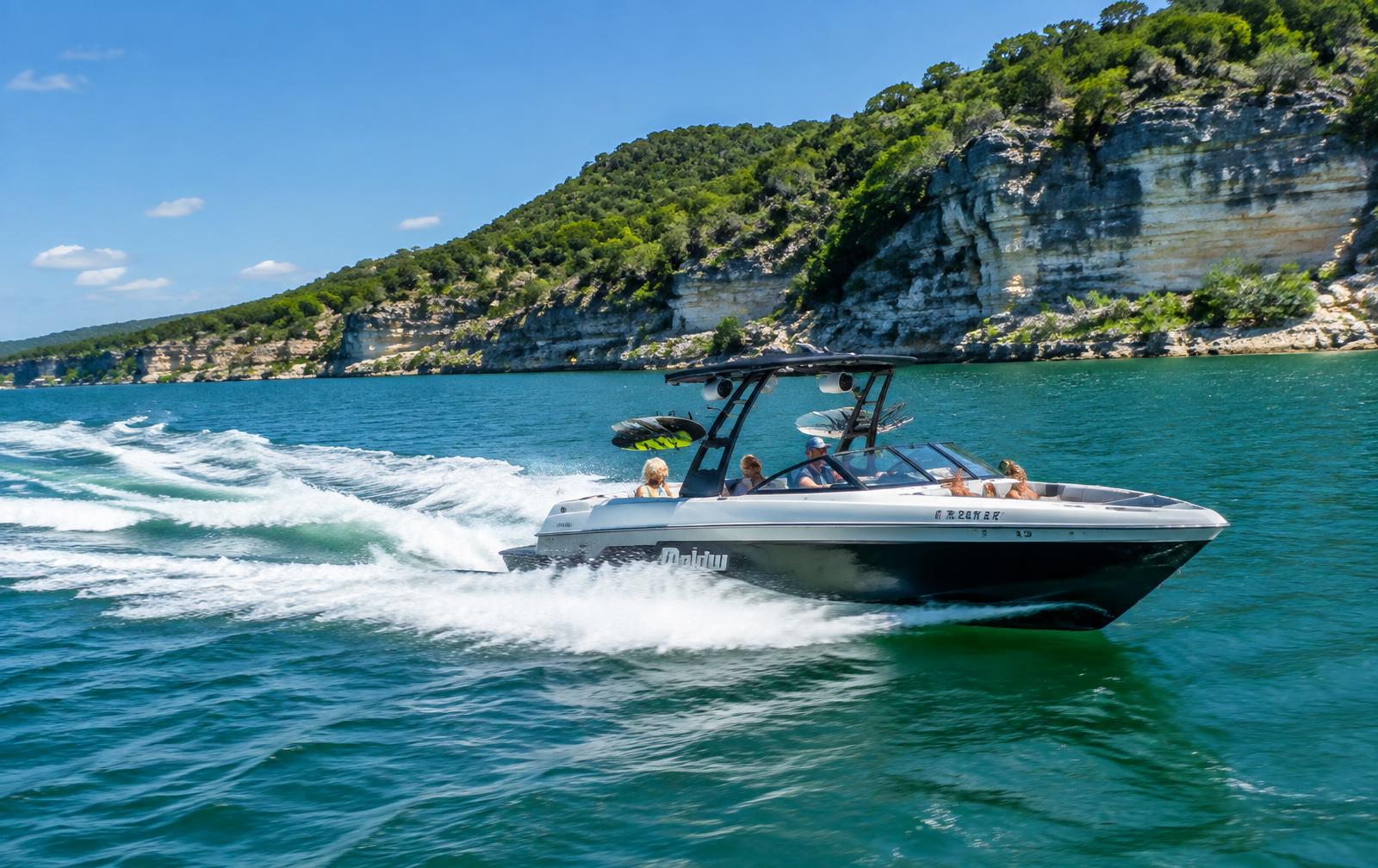 Boats on the open water of Lake Travis near Spicewood
