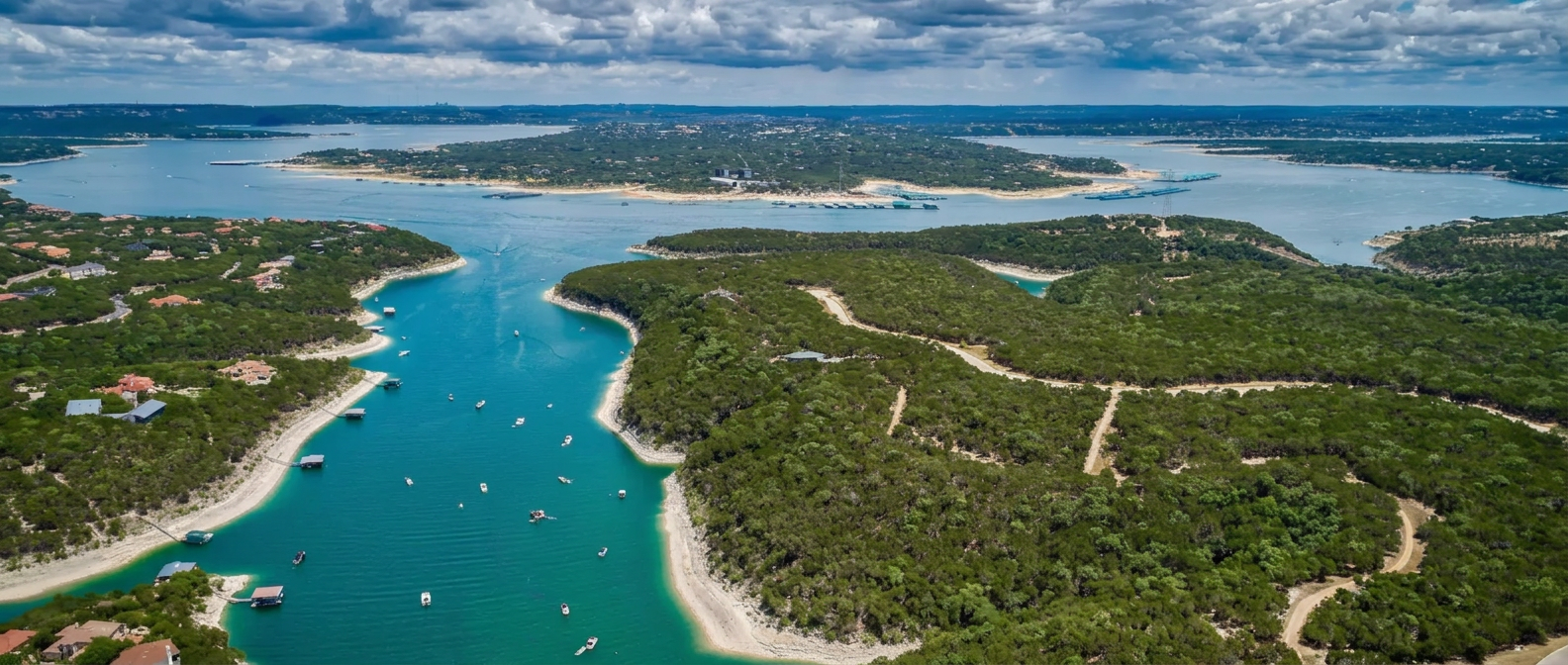 Aerial view of Lake Travis and the Hill Country around Spicewood, Texas